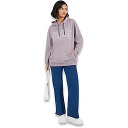 styli Women Regular Fit Longline Embroidered Slogan Pullover Hoodie with Kangaroo Pocket | Cozy Winter Wear Sweater for Women | Pullover Knitwear-picture-23
