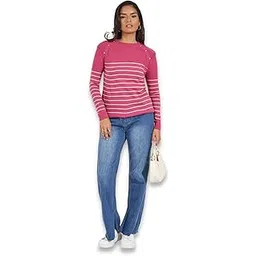 styli Women Regular Fit Regular Length Striped Sweater with Shoulder Buttons | Cozy Winter Wear Sweater for Women | Pullover Knitwear for Casual and Everyday Wear-picture-25