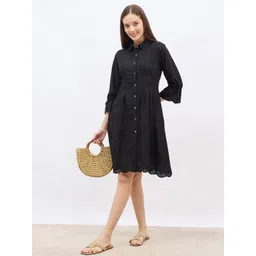 Styli Women Self Design Bell Sleeve Cotton Shirt Dress-picture-28