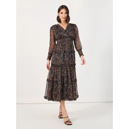 Styli Women V-Neck Puff Sleeves Smocking Tiered Fit and Flare Midi Dress-picture-27