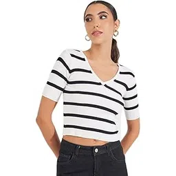 styli Women White Striped Cropped Length Fitted Sweater-picture-12