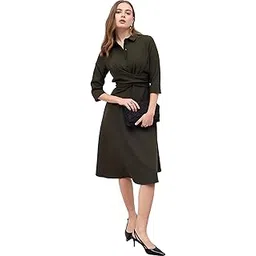 styli Women's Synthetic A-Line Midi Casual Dress (7008644413_Olive-picture-30