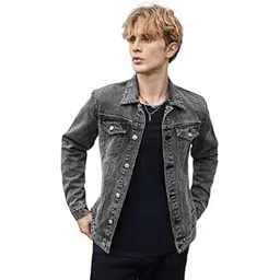 Stylish Men's Acid Wash Denim Jacket, Classic Button Front Design, Grey, Casual Streetwear-picture-53