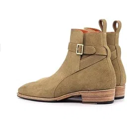 Stylish Men's Suede Ankle Boots, Tan, Classic Buckle Design, Wooden Heel, Casual Dress Style size 11-picture-24