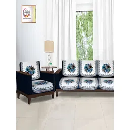 Stylista Blue & White 10 Pieces Floral Printed Velvet Cotton Sofa Covers-image-15
