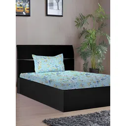 Stylista Blue & White Floral Cotton 400 TC Fitted Single Bedsheet With 1 Pillow Cover-image-12