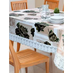 Stylista Off White & Grey Floral Printed 4-Seater Table Cover With Lace Borde image 1