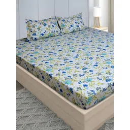 Stylista Off White Printed Cotton 400 TC Fitted King Bedsheet With 2 Pillow Covers-image-49