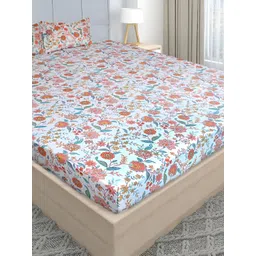 Stylista Off White Printed Cotton 400 TC Fitted Queen Bedsheet With 2 Pillow Covers-image-10