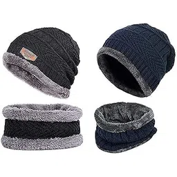 stylisty ind 2 Pairs Men's & Women's Snow Proof,Inside Fur, Warm Woolen Cap with Neck Muffler/Neck Warmer/Scarf for Winters - Free Size (Black and Blue)(Unisex Beanie Cap with Neck Warmer Set-0014)-picture-10