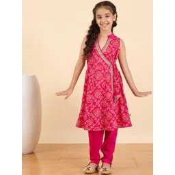 Stylo Bug Girls Bandhani Printed Angrakha Kurti with Trousers-image-1