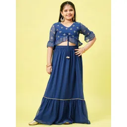 Stylo Bug Girls Blue & Gold-Toned Printed Layered Ready to Wear Lehenga & Blouse-picture-28