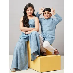 Stylo Bug Girls Blue Floral Striped Pure Cotton Kurti with Palazzos-image-32