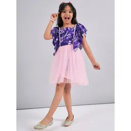 Stylo Bug Girls Floral Printed Square Neck Flutter Sleeve Net Fit & Flare Dress-picture-20