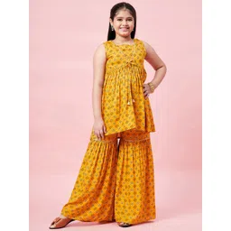 Stylo Bug Girls Mustard Yellow Ethnic Motifs Printed Empire Pure Cotton Kurta with Sharara-picture-18