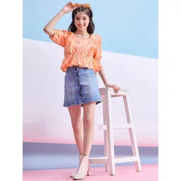 Stylo Bug Girls Self Design Puff Sleeve Ruffled Pure Cotton Cinched Waist Top-picture-20