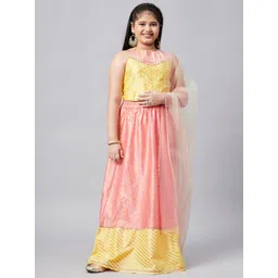 Stylo Bug Girls Yellow & Pink Printed Layered Ready to Wear Lehenga & Blouse With Dupatta-picture-29
