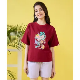 Stylo Bug Cotton Blend Half Sleeves Floral Printed Tee - Maroon-image-15