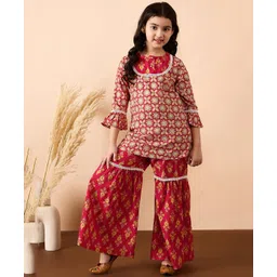 Stylo Bug Cotton Three Fourth Frilled Sleeves Floral Printed & Pompom Lace Embellished Kurta & Sharara Set - Red-image-14