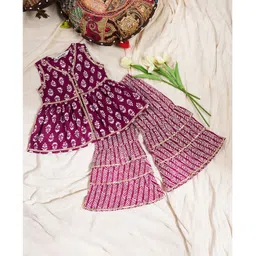 StyloBug Cotton Woven Sleeveless Floral Printed & Gota Lace Embellished Coordinating Kurti Sharara Set - Purple-picture-36