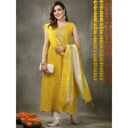 Stylum Floral Printed Gotta Patti A-Line Kurta with Dupatta-picture-34