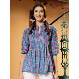 Stylum Floral Printed Mandarin Collar Puff Sleeves Cotton Top-picture-32