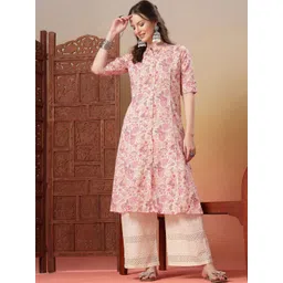 Stylum Floral Printed Mandarin Collar Pure Cotton A-Line Kurtas-picture-33