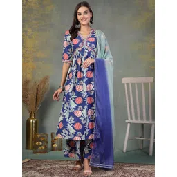 Stylum Floral Printed V-Neck A-Line Mirror Work Kurta With Palazzos And Dupatta-picture-27