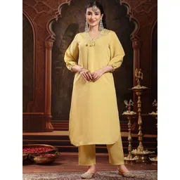 Stylum Floral Yoke Design Thread Work V-Neck Puffed Sleeves Straight Kurta With Trousers-image-42