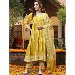 Stylum Women Floral Printed Empire Pure Cotton Kurta with Trousers & With Dupatta-image-1