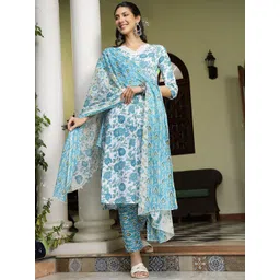 Stylum Women Floral Printed Empire Pure Cotton Kurta with Trousers & With Dupatta-image-0
