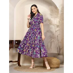 Stylum Women Floral Printed Shirt Collar Puff Sleeves Tiered Fit And Flare Dress-image-13