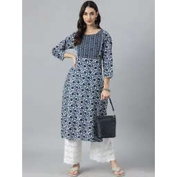 Stylum Women Navy Blue Geometric Printed Thread Work Indigo Kurta-picture-18