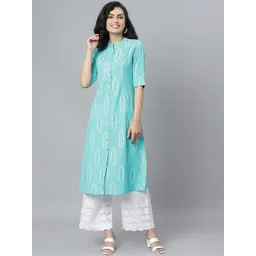 Stylum Women Turquoise Blue Geometric Printed Thread Work Kurta-picture-19