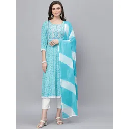 Stylum Women Turquoise Blue Printed Thread Work Kurta with Trousers & With Dupatta-picture-11