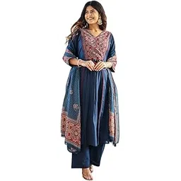 stylum Women's Ajrakh Printed Cotton A-Line Kurta Pant Dupatta Set-picture-24