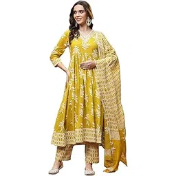 stylum Women's Floral Printed Cotton Anarkali Kurta Pant Dupatta Set (KPDYELLOWMANI_Yellow)-picture-29