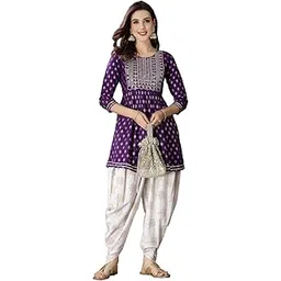 stylum Women's Printed & Embroidered Rayon A-Line Kurti With Dhoti Pant (Kdvoilmahi_Violet)-picture-28