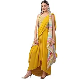 stylum Women's Solid Georgette Draped Readymade Lehenga Set With Printed Jacket (Pcjmustardtaylor_Mustard)-picture-10