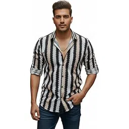 Men's Regular Fit Full Sleeve Shirt | Casual Stylish Crochet Formal Shirts for Men | Beige and Black Trendy Crochet Textured Shirts | Man Latest Stylish Striped Shirt-image-19