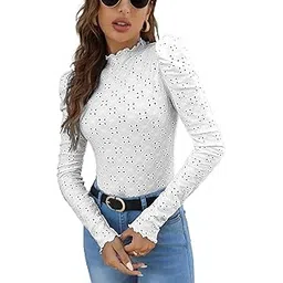 sugathari Girl's & Women's Spring/Summer Slim Fit High Neck T-Shirt with Stand Collar, Cap Sleeves and Eyelet Embroidery Frill Trim Tee Textured Sheer Fabric (T-Shirts 194 $P)-picture-33