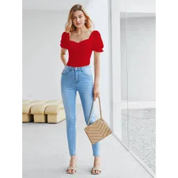 Sugathari Women Sweetheart Neck Puff Sleeve Sheen Top image 3