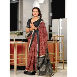 Suha Maroon Pure Cotton Printed Block Print Sarees image 1
