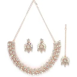 sukkhi Dangling Rose Gold Plated Stone Floral Collar Bone Necklace Set With Earring And Maangtika | Jewellery Set For Women (NS105489)-picture-12