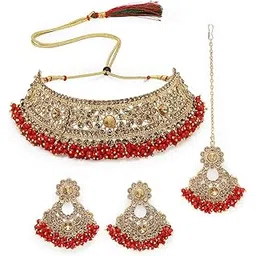 sukkhi Fashion Gold Plated Red Kundan & Beads Floral Choker Necklace Set With Earring And Maangtika | Jewellery Set For Women (NS105482)-picture-27