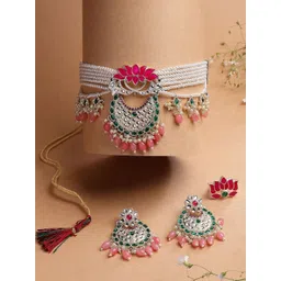 Sukkhi Gold-Plated Stones Studded & Pearls-Beaded Meenakari Lotus Choker Jewellery Set-picture-10