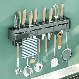 Sulfar Kitchen Shelf Advanced Non Rust Stainless Steel Alloy Wall Mount Knife Holder, Towel Hanger, Cutlery Holder Storage Rack High Grade Metal Multi-Purpose (40 x 5.5 x 7cm)-picture-13