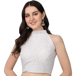 sumaira tex Women's Halter Neck Designe Top Solid Chickankari Thread Embrodery Work Readymade Sleeveless Saree Blouse-picture-35