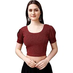 sumaira tex Women's Readymade Shining Lycra Stretchable Round Neck Half Puff Sleeve Hosiery Blouses Lycra Stretchable Blouse for Women Readymade Saree Blouse-picture-15