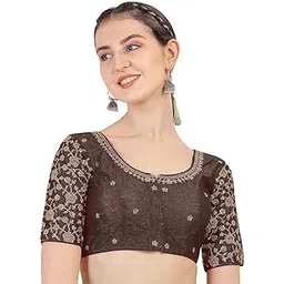 sumairatex Women's Phantom Silk Embroidry Work Half Sleeve Saree Blouse (Brown)-picture-18